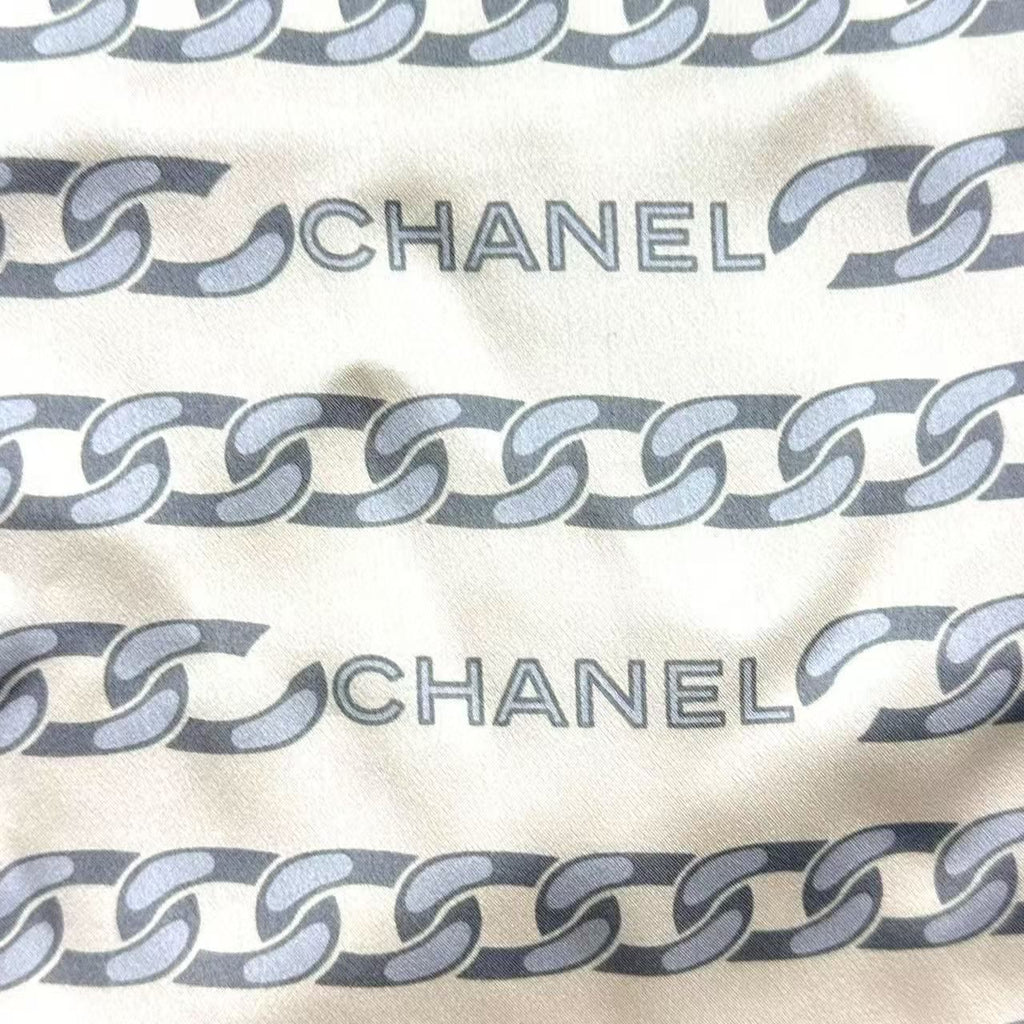 Chanel Vintage Shawl Silk Scarf Logo Chain Pattern Beige — view 5