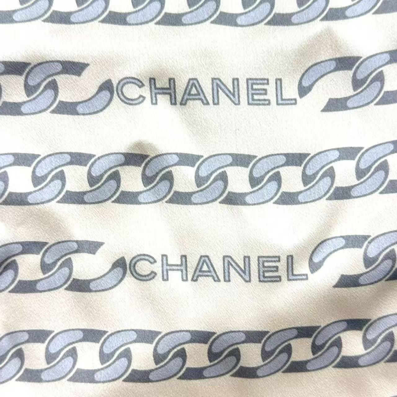 Chanel Vintage Shawl Silk Scarf Logo Chain Pattern Beige — view 5