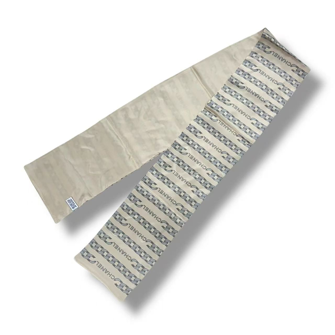 Chanel Vintage Shawl Silk Scarf Logo Chain Pattern Beige — view 2
