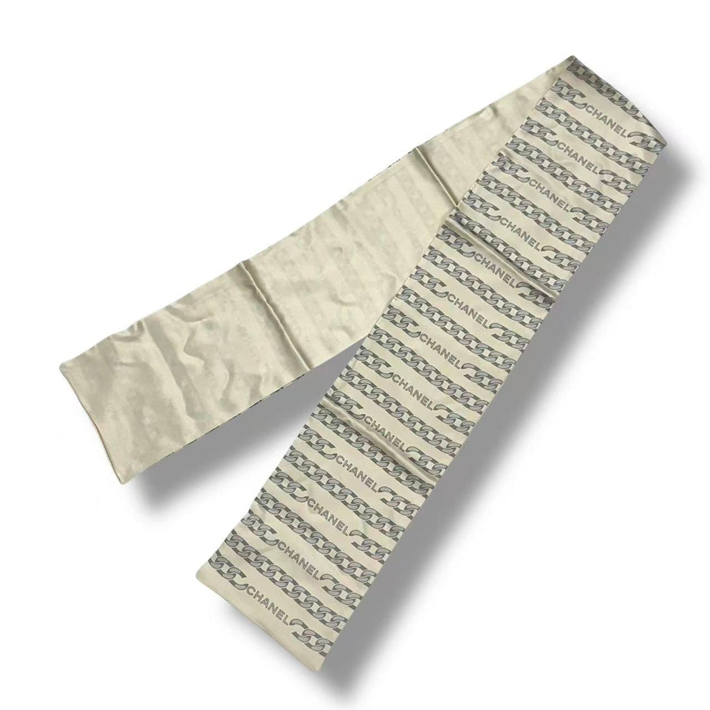 Chanel Vintage Shawl Silk Scarf Logo Chain Pattern Beige