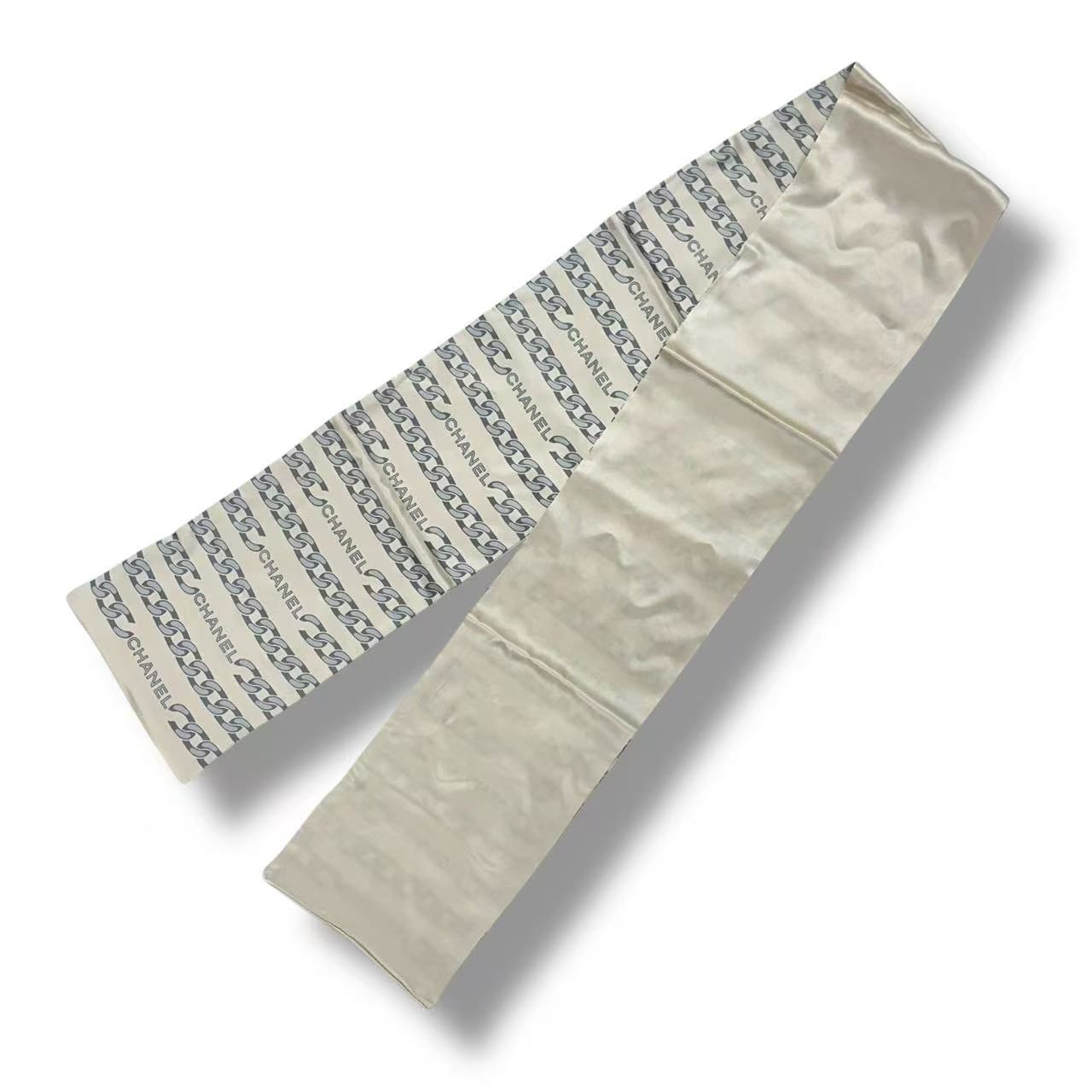 Chanel Vintage Shawl Silk Scarf Logo Chain Pattern Beige — view 4
