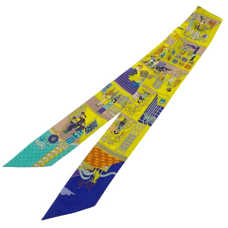Hermes la Maison Des Carres Des Carre Scarf Silk Yellow Blue Narrow