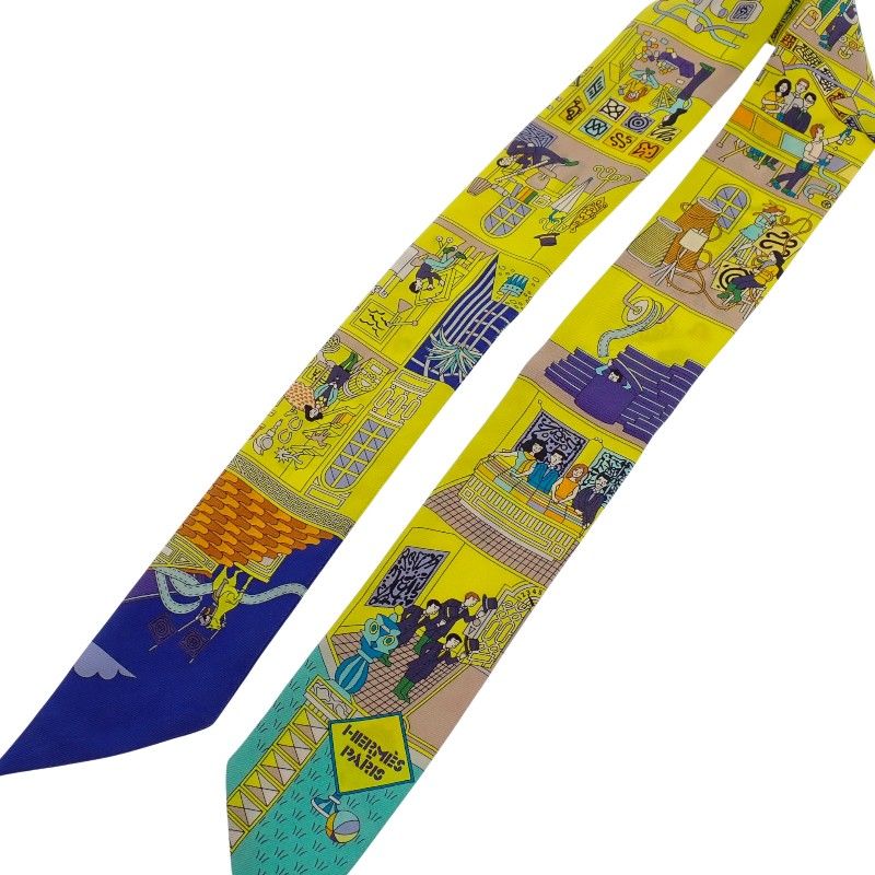 Hermes la Maison Des Carres Des Carre Scarf Silk Yellow Blue Narrow