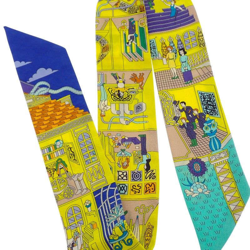 Hermes la Maison Des Carres Des Carre Scarf Silk Yellow Blue Narrow