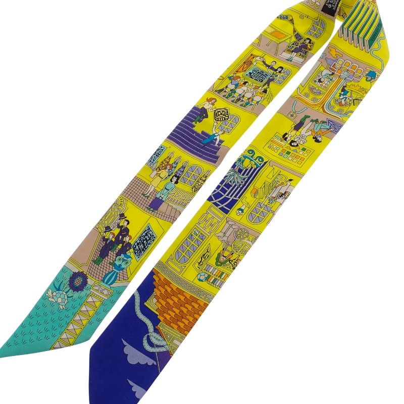 Hermes la Maison Des Carres Des Carre Scarf Silk Yellow Blue Narrow
