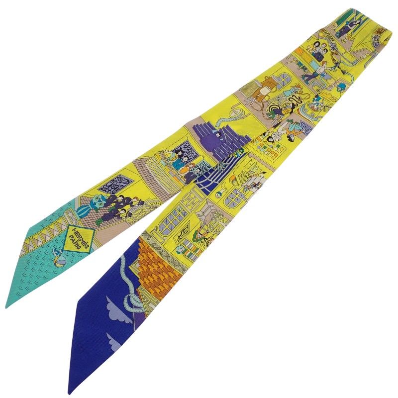 Hermes la Maison Des Carres Des Carre Scarf Silk Yellow Blue Narrow