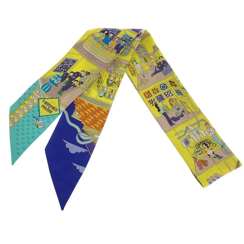 Hermes la Maison Des Carres Des Carre Scarf Silk Yellow Blue Narrow