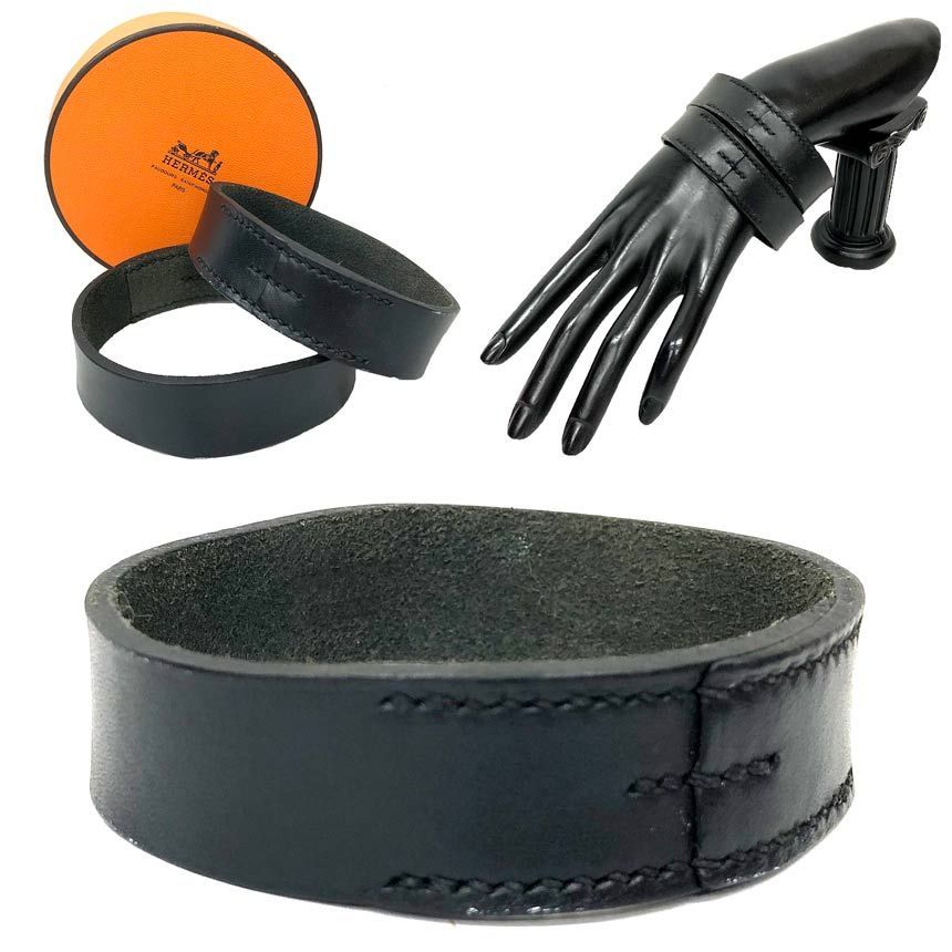 Hermes Poultur Bracelet Double Set Bangle Leather Black — view 2