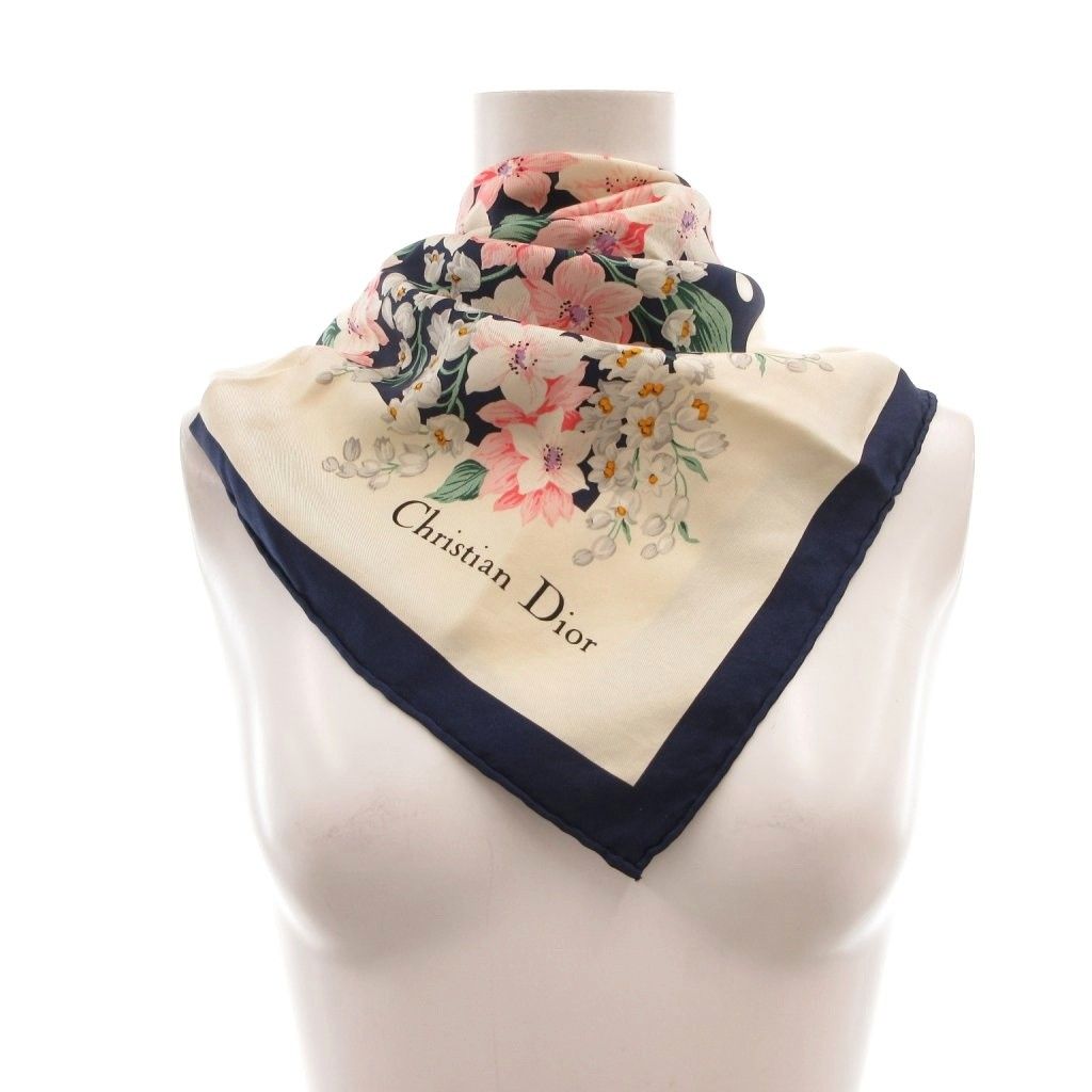 Dior Scarf Pocket Square Navy Multicolor Floral Pattern Polka Dot SX — view 6