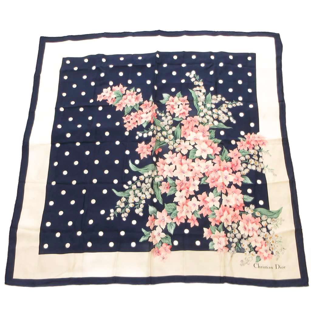Dior Scarf Pocket Square Navy Multicolor Floral Pattern Polka Dot SX