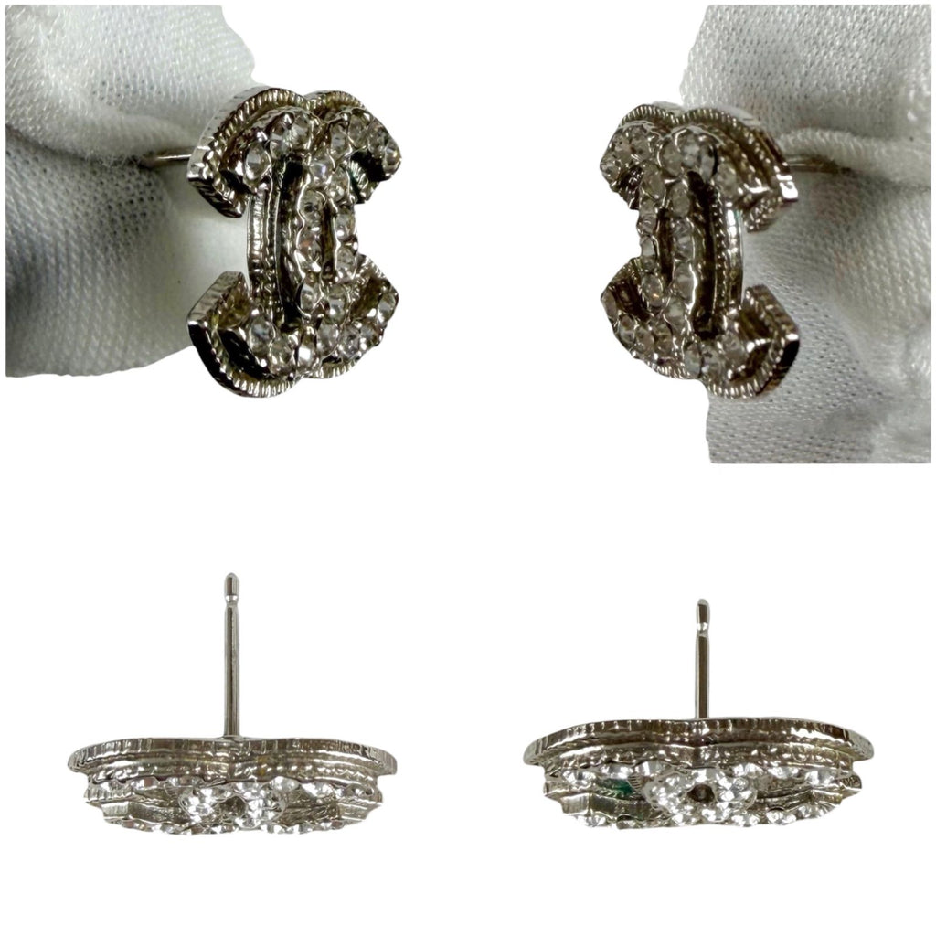Chanel CC Logo Rhinestone Earrings Silver Vintage — view 5