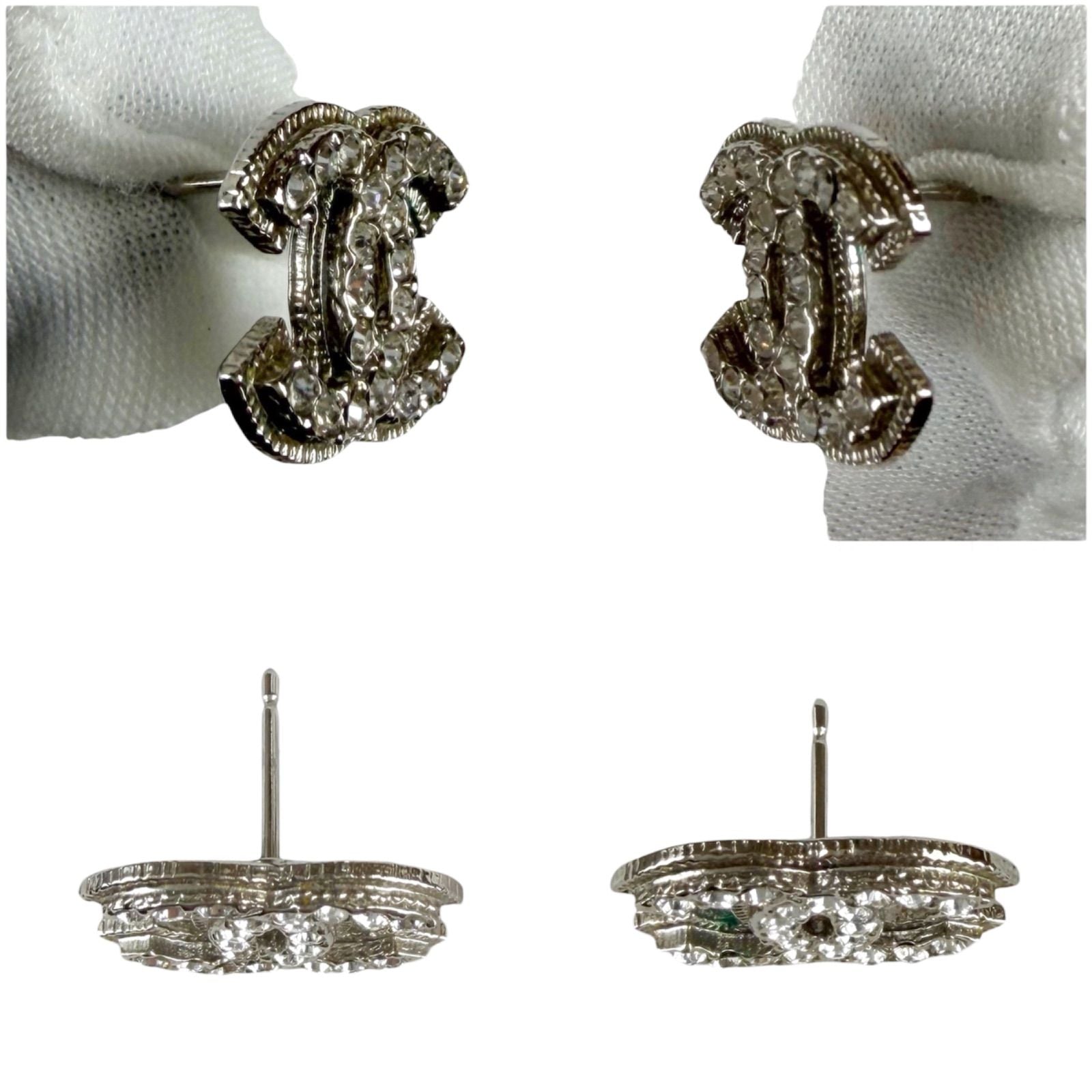 Chanel CC Logo Rhinestone Earrings Silver Vintage — view 5