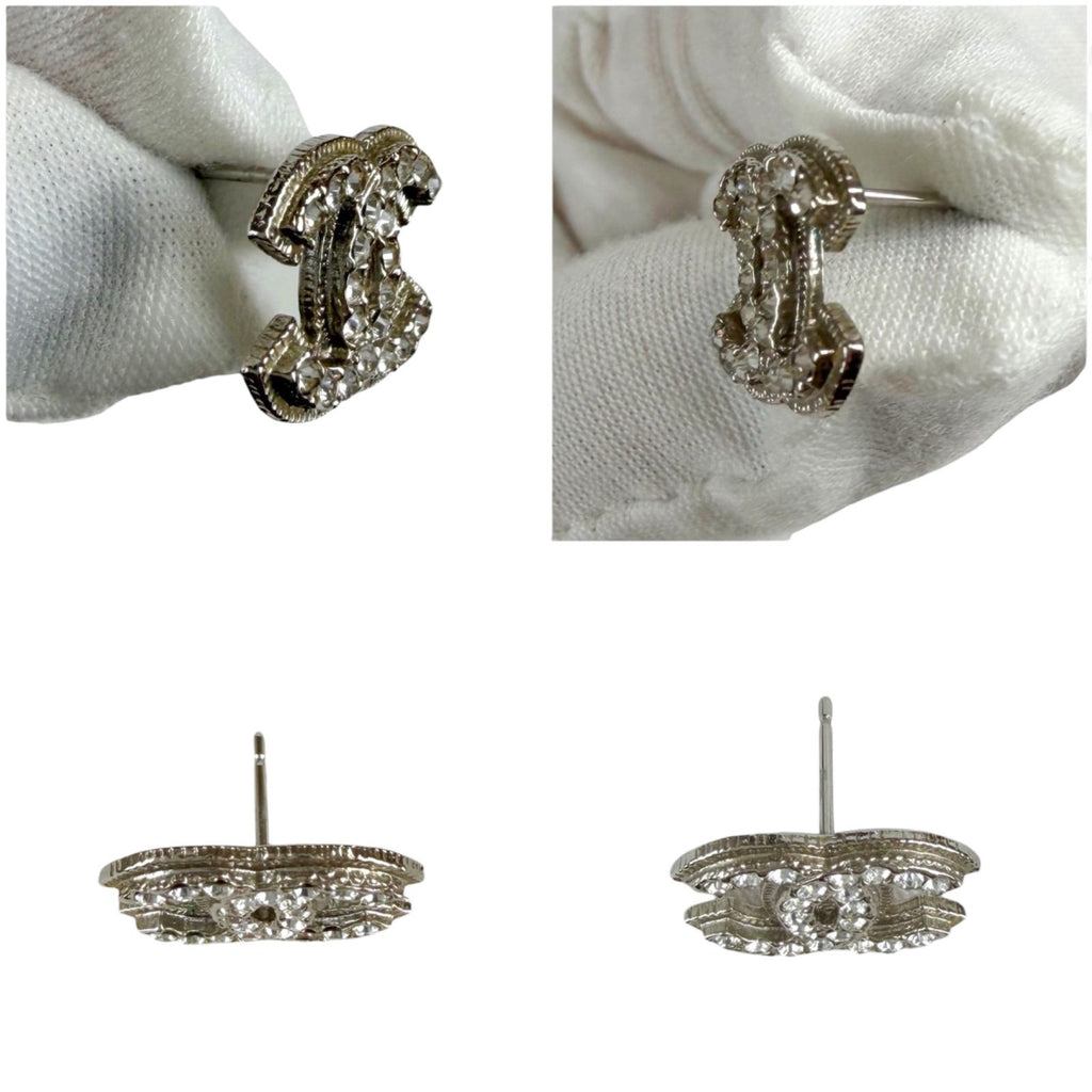 Chanel CC Logo Rhinestone Earrings Silver Vintage — view 6