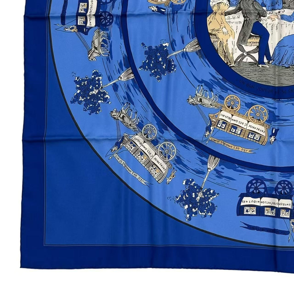 Hermes Silk Scarf Jeu Des Omnibus Et Dames Blanches and White Game Blue — view 6