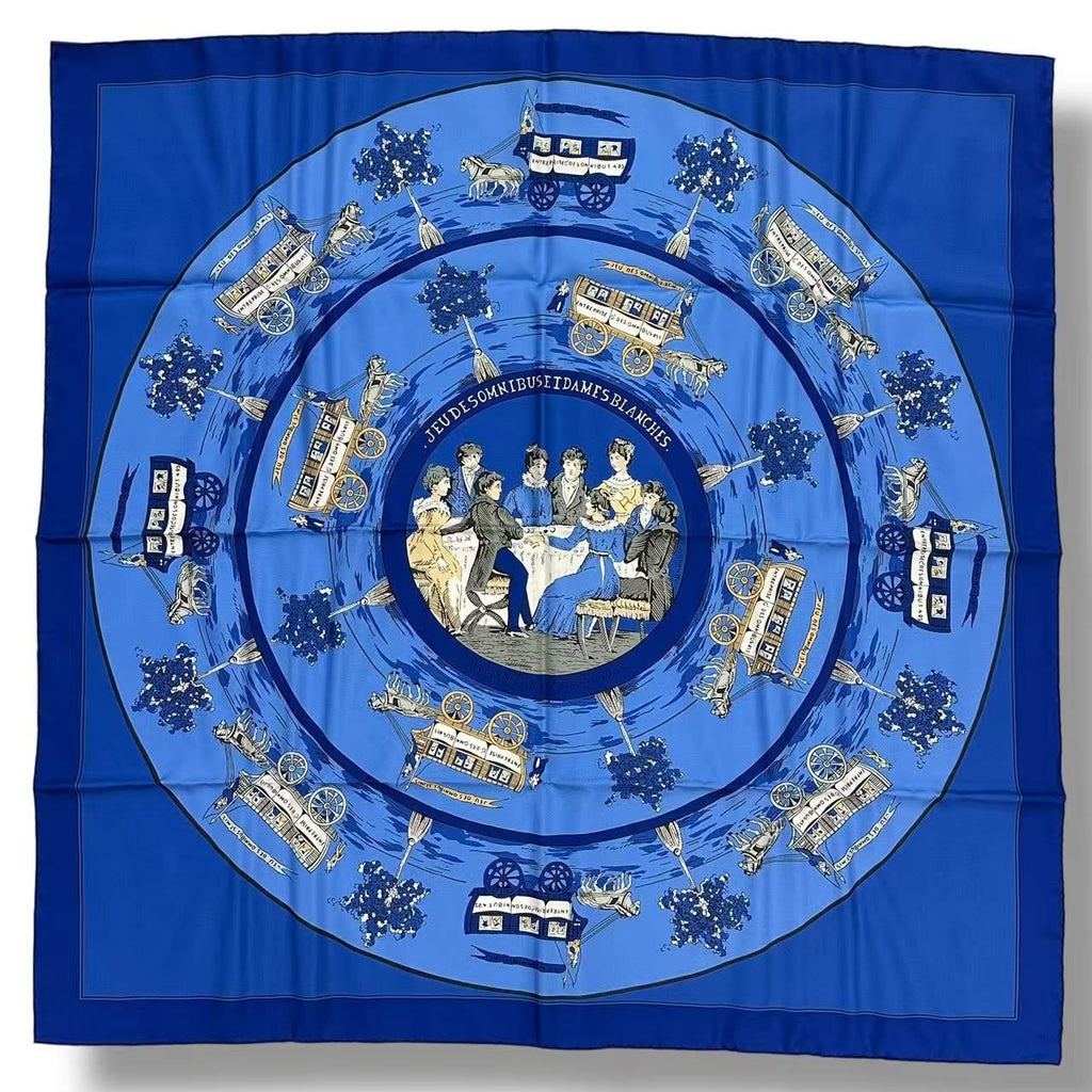 Hermes Silk Scarf Jeu Des Omnibus Et Dames Blanches and White Game Blue — view 2
