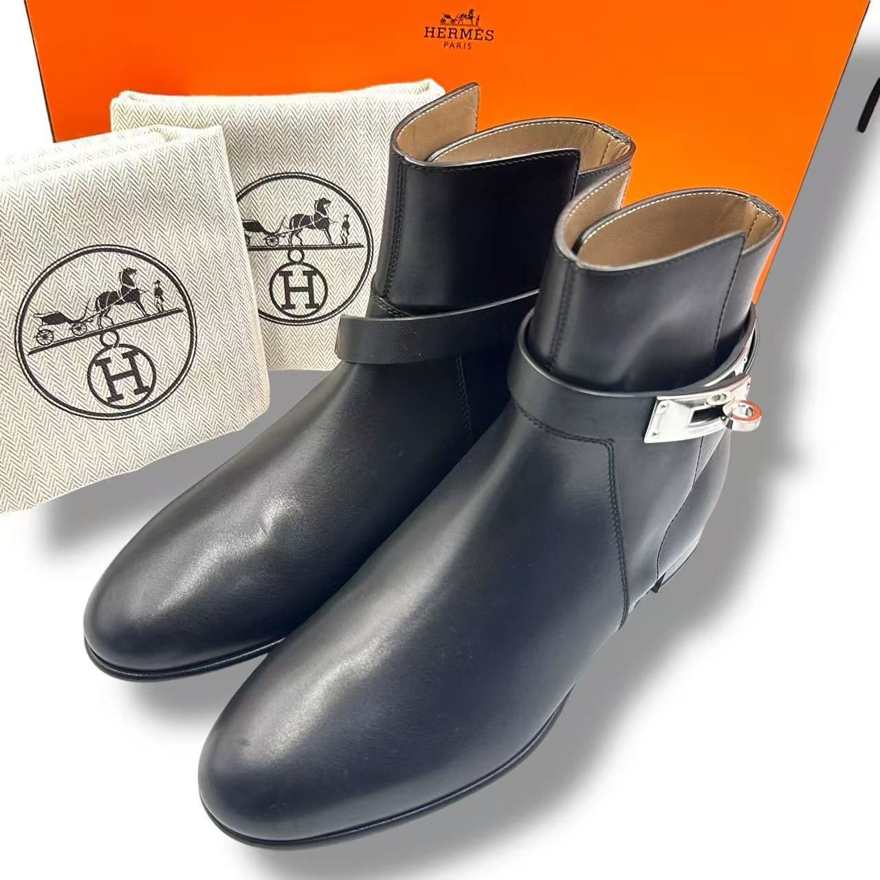 Hermes Short Boots Shoes Leather Kelly Calfskin Black