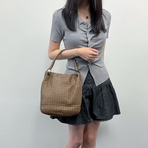 Bottega Veneta Intrecciato Hobo Shoulder Bag Leather Camel Brown Vintage