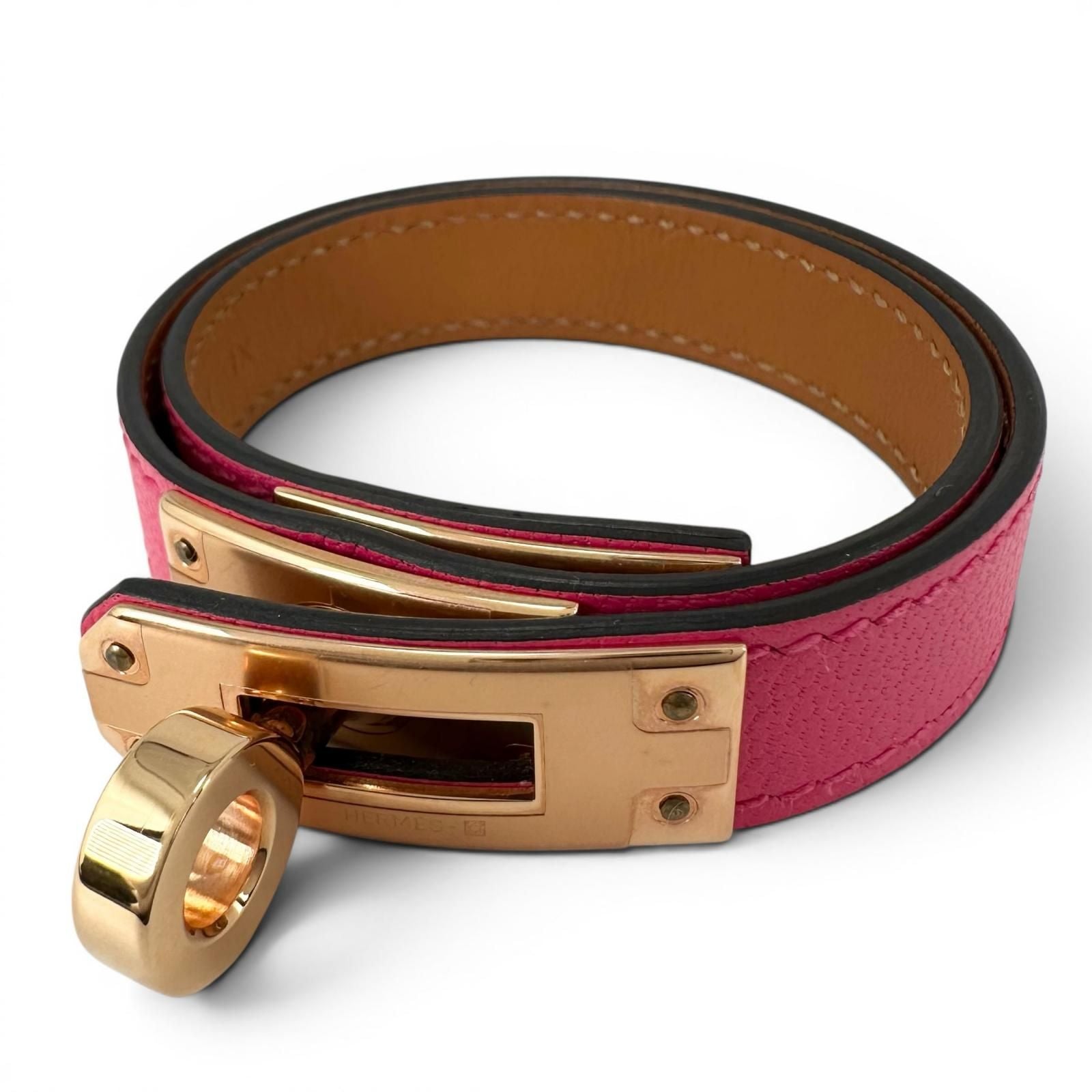 Hermes Kelly Double Tour Chevre Gold Bracelet Pink T2 — view 3