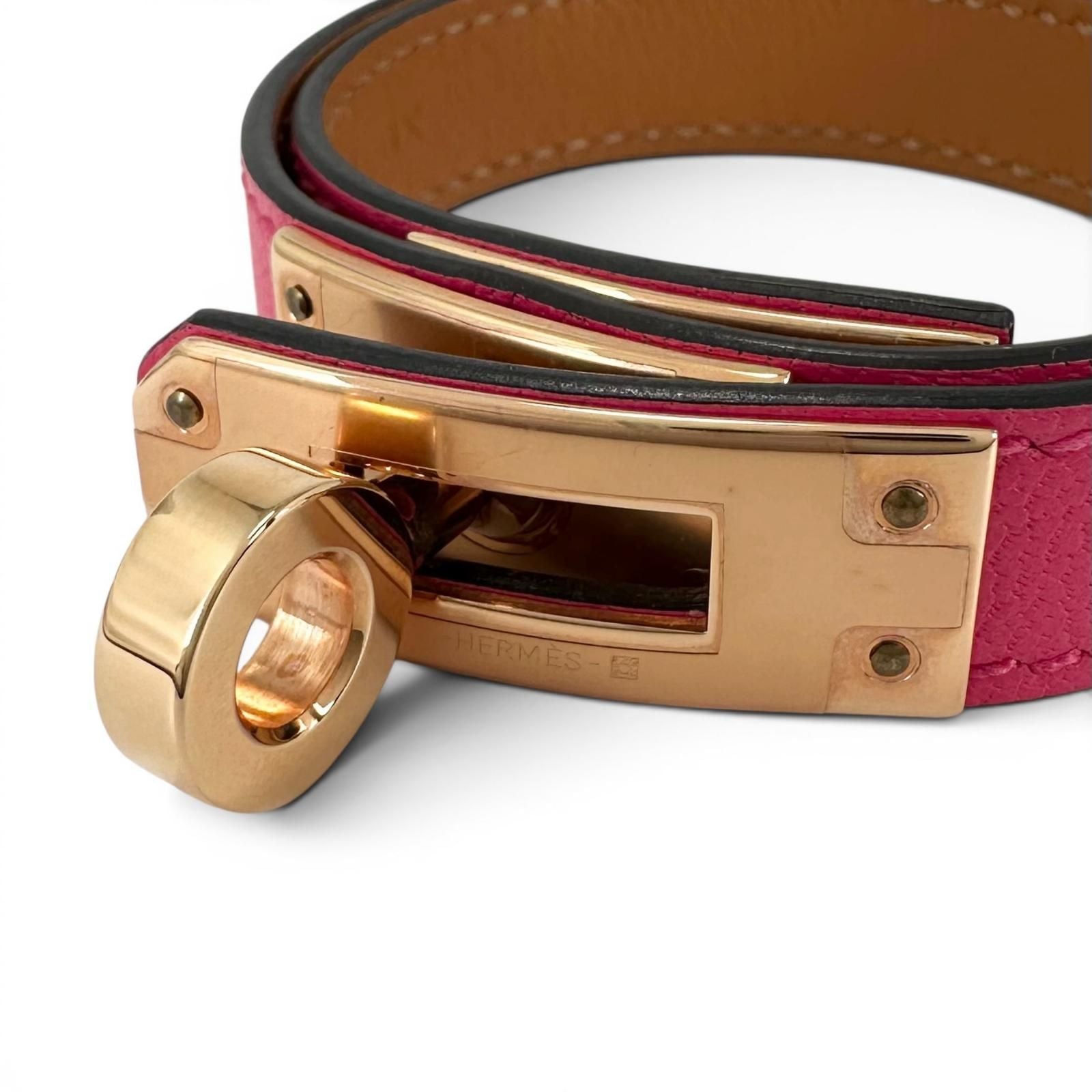 Hermes Kelly Double Tour Chevre Gold Bracelet Pink T2 — view 6