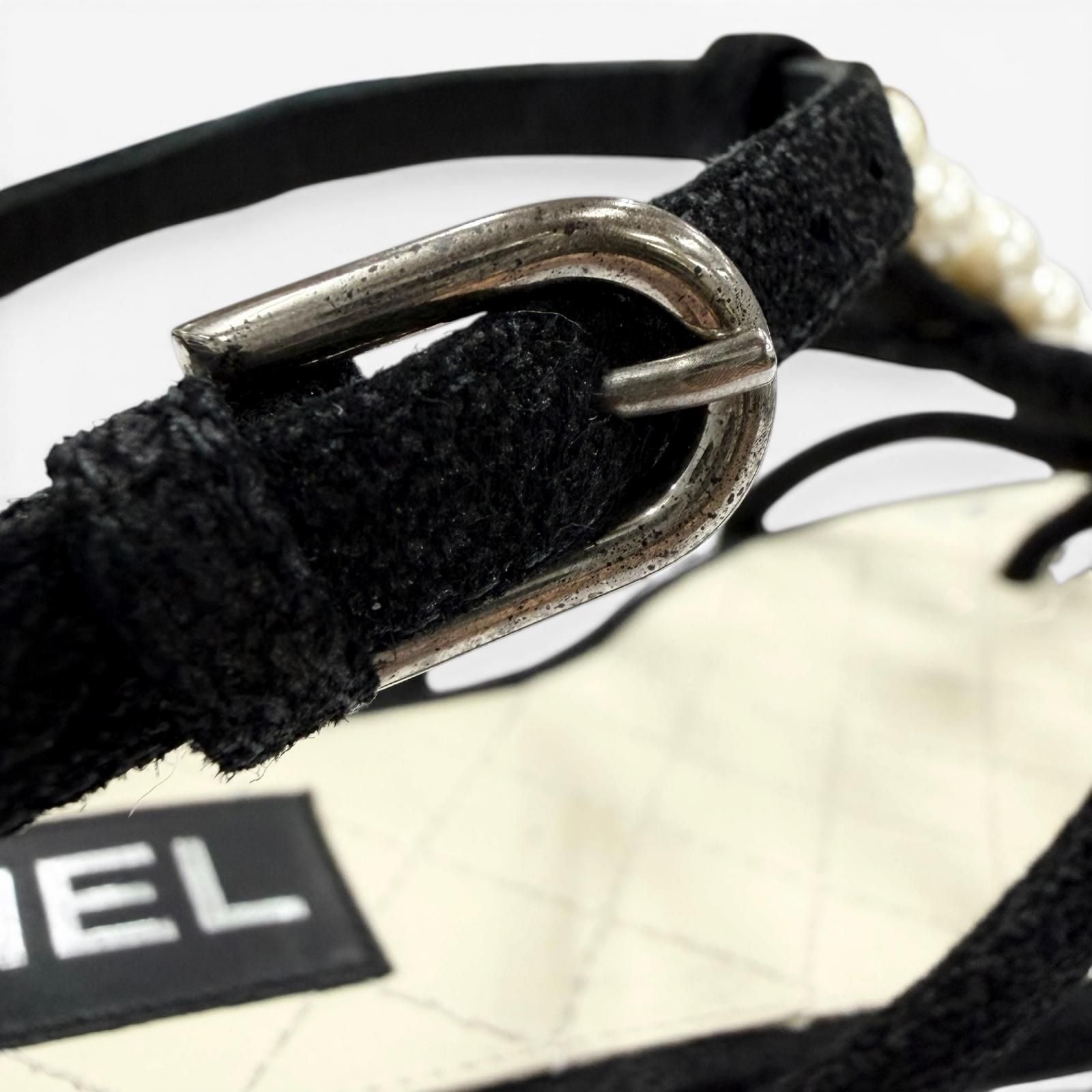 Chanel CC Logo Pearl Suede Leather Strap Flat Sandals Black — view 9