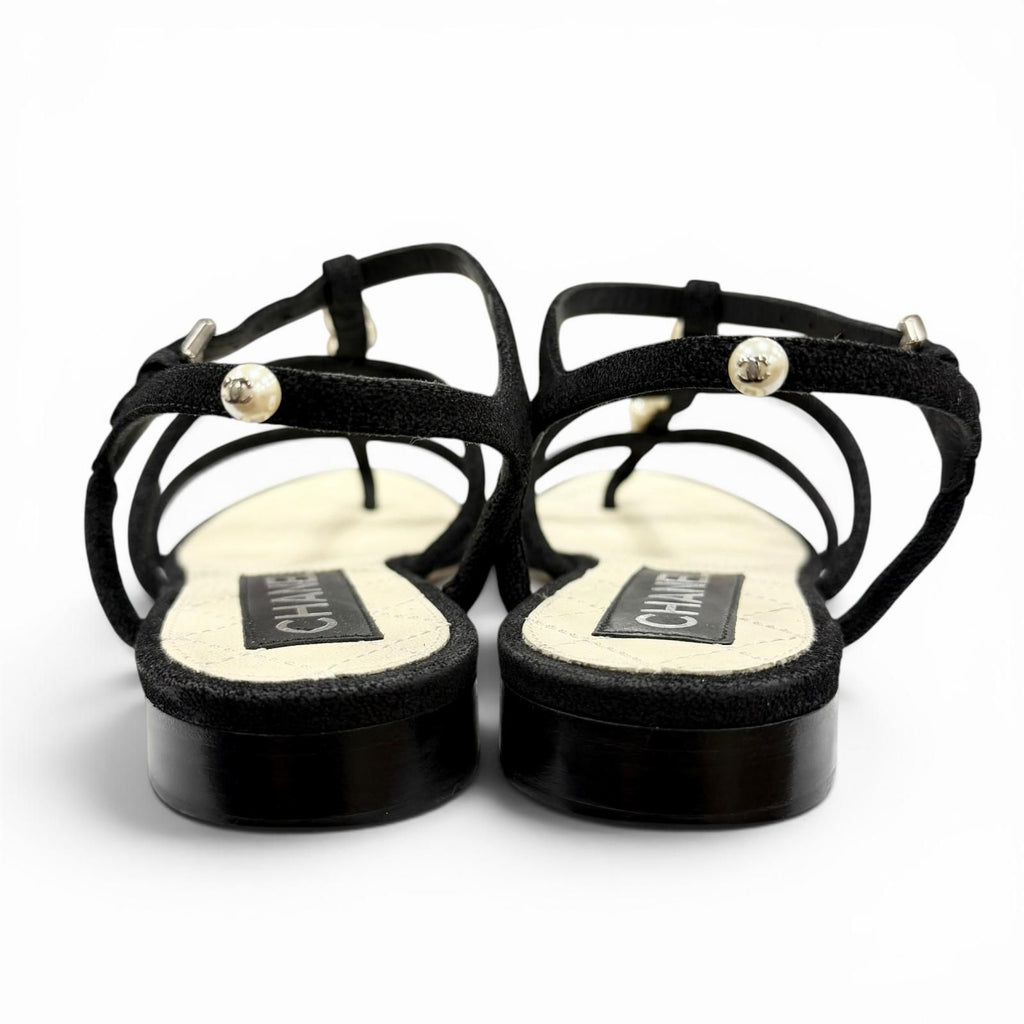 Chanel CC Logo Pearl Suede Leather Strap Flat Sandals Black — view 4