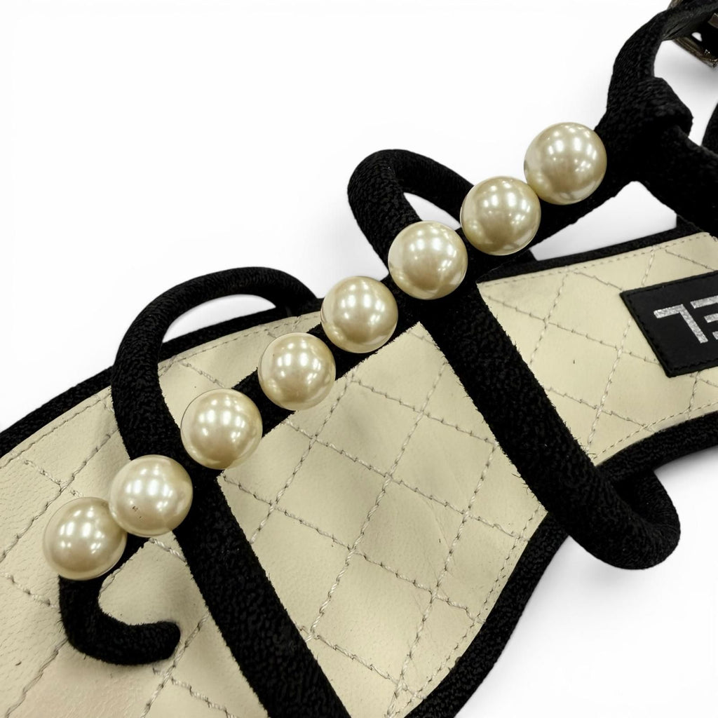 Chanel CC Logo Pearl Suede Leather Strap Flat Sandals Black — view 8