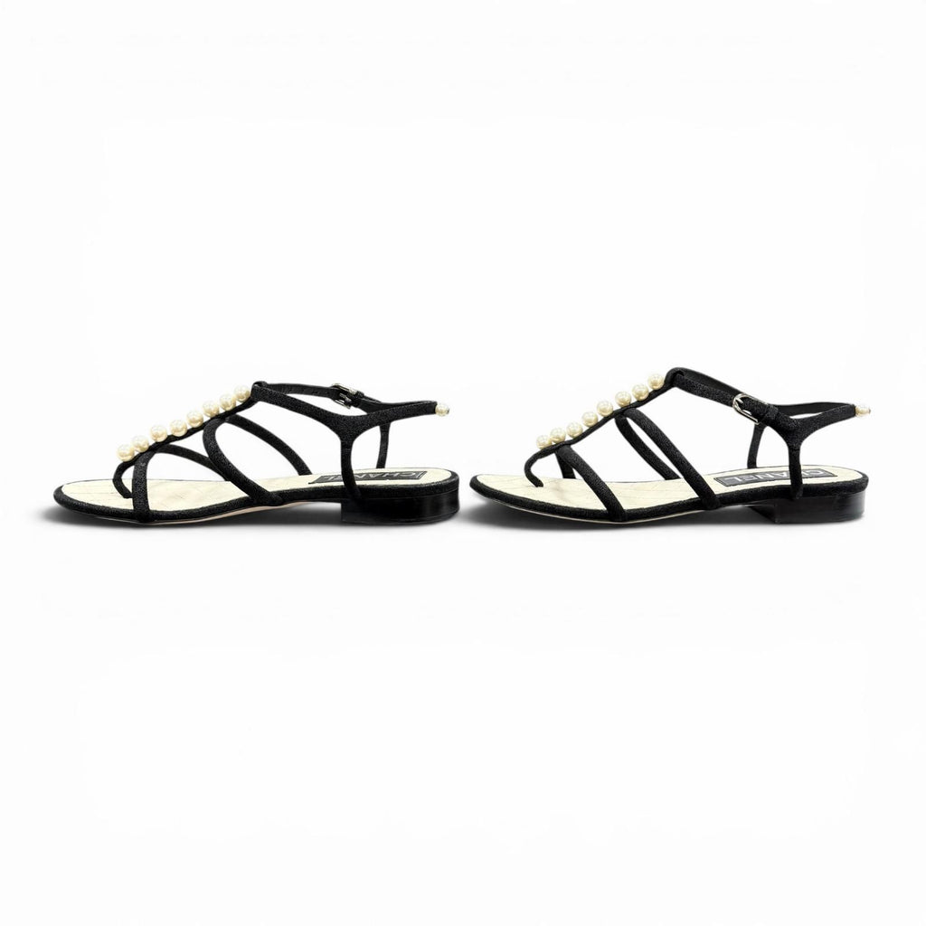 Chanel CC Logo Pearl Suede Leather Strap Flat Sandals Black — view 2