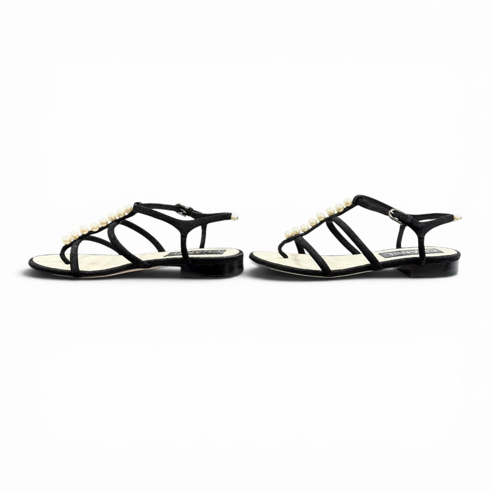Chanel CC Logo Pearl Suede Leather Strap Flat Sandals Black — view 2