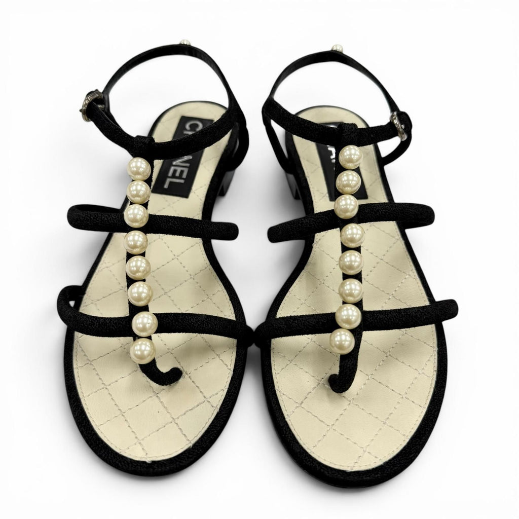 Chanel CC Logo Pearl Suede Leather Strap Flat Sandals Black — view 6