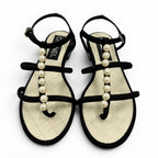 Chanel CC Logo Pearl Suede Leather Strap Flat Sandals Black — view 6