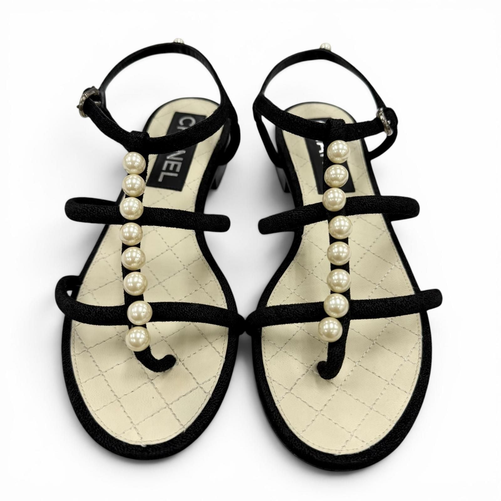 Chanel CC Logo Pearl Suede Leather Strap Flat Sandals Black — view 6