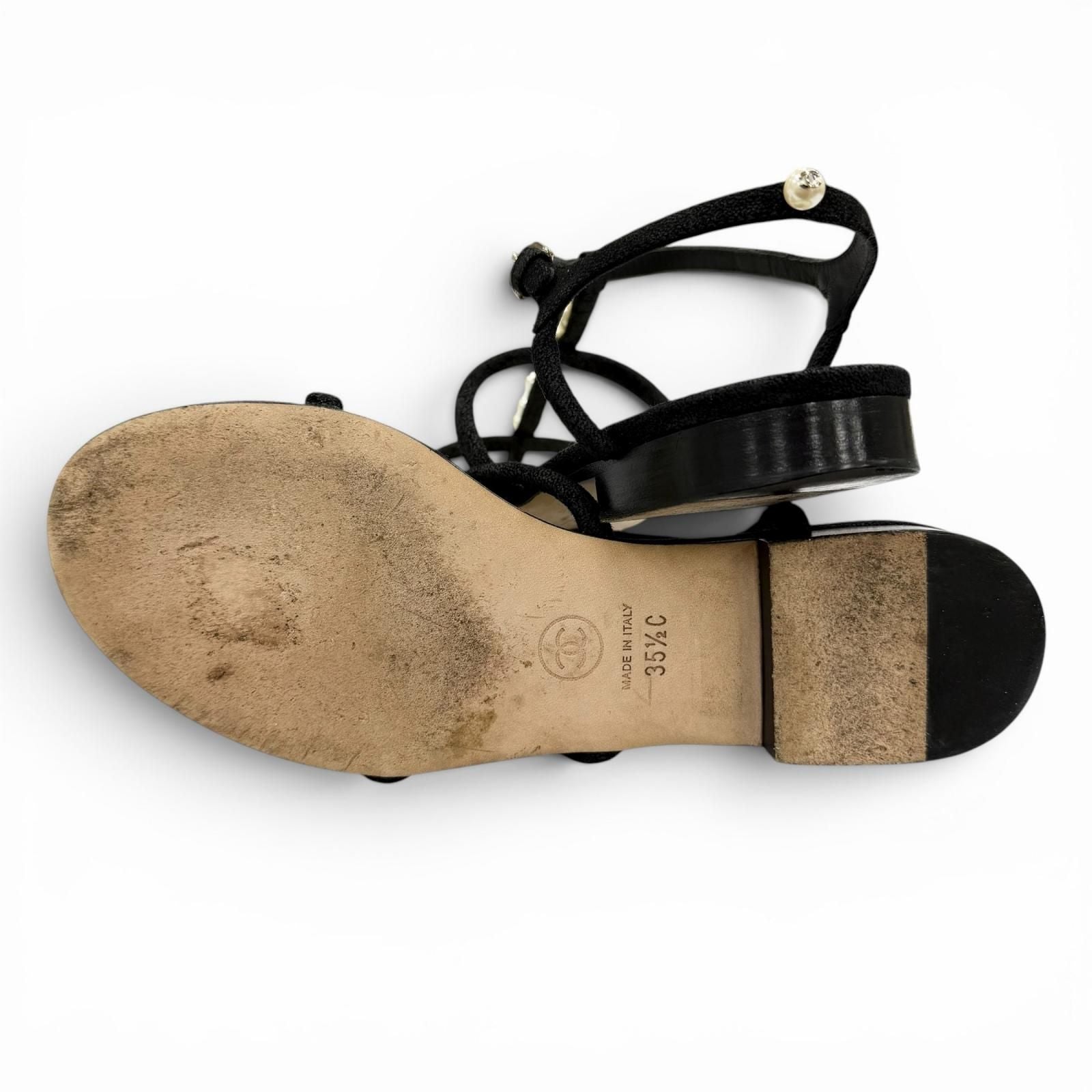 Chanel CC Logo Pearl Suede Leather Strap Flat Sandals Black — view 7