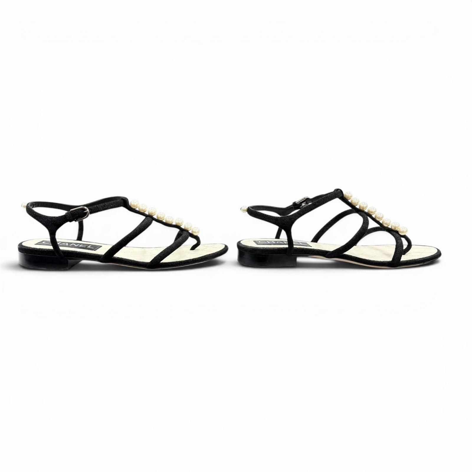 Chanel CC Logo Pearl Suede Leather Strap Flat Sandals Black — view 3