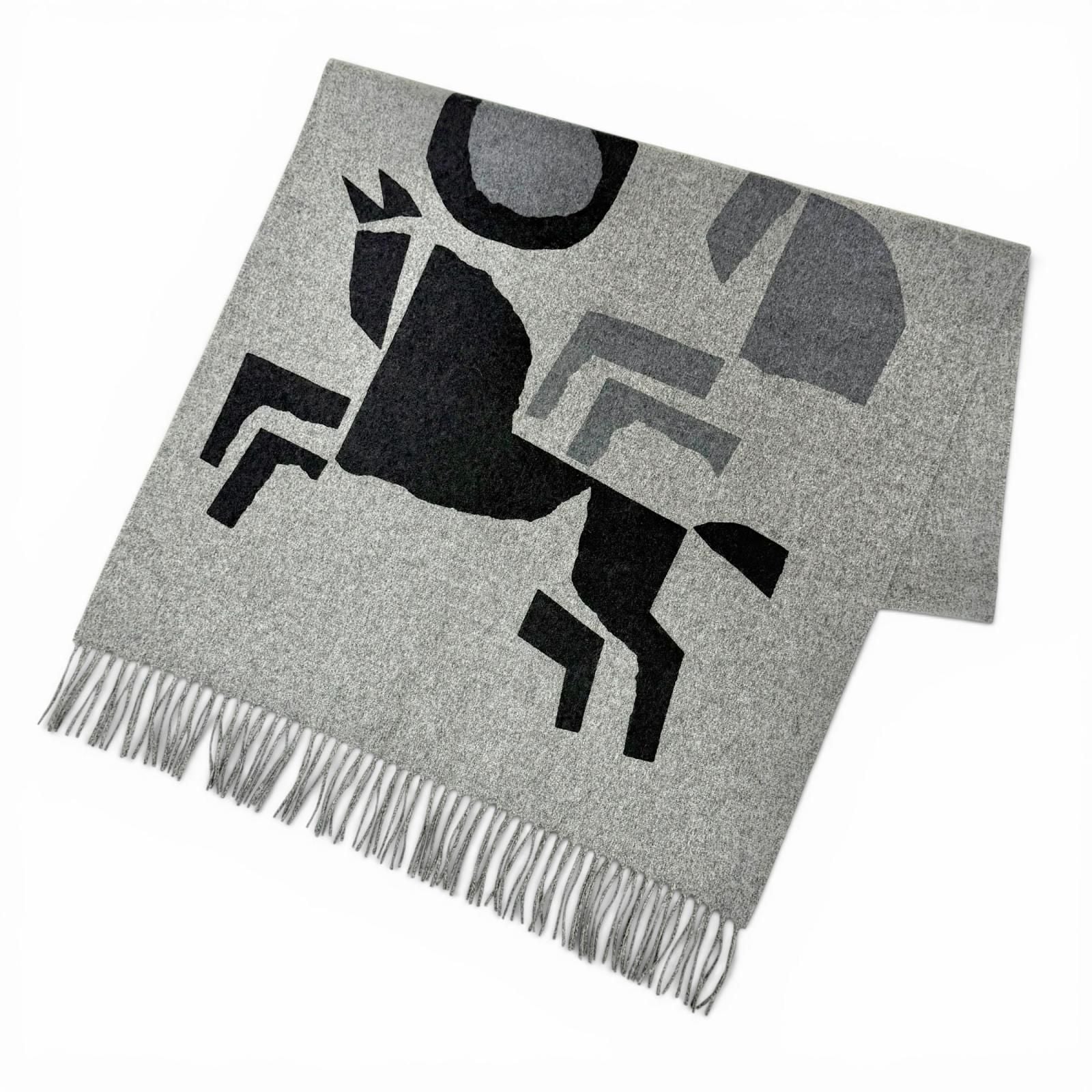 Hermes Velki Love Cashmere Logo Leather Patch Large Shawl Scarf Gray