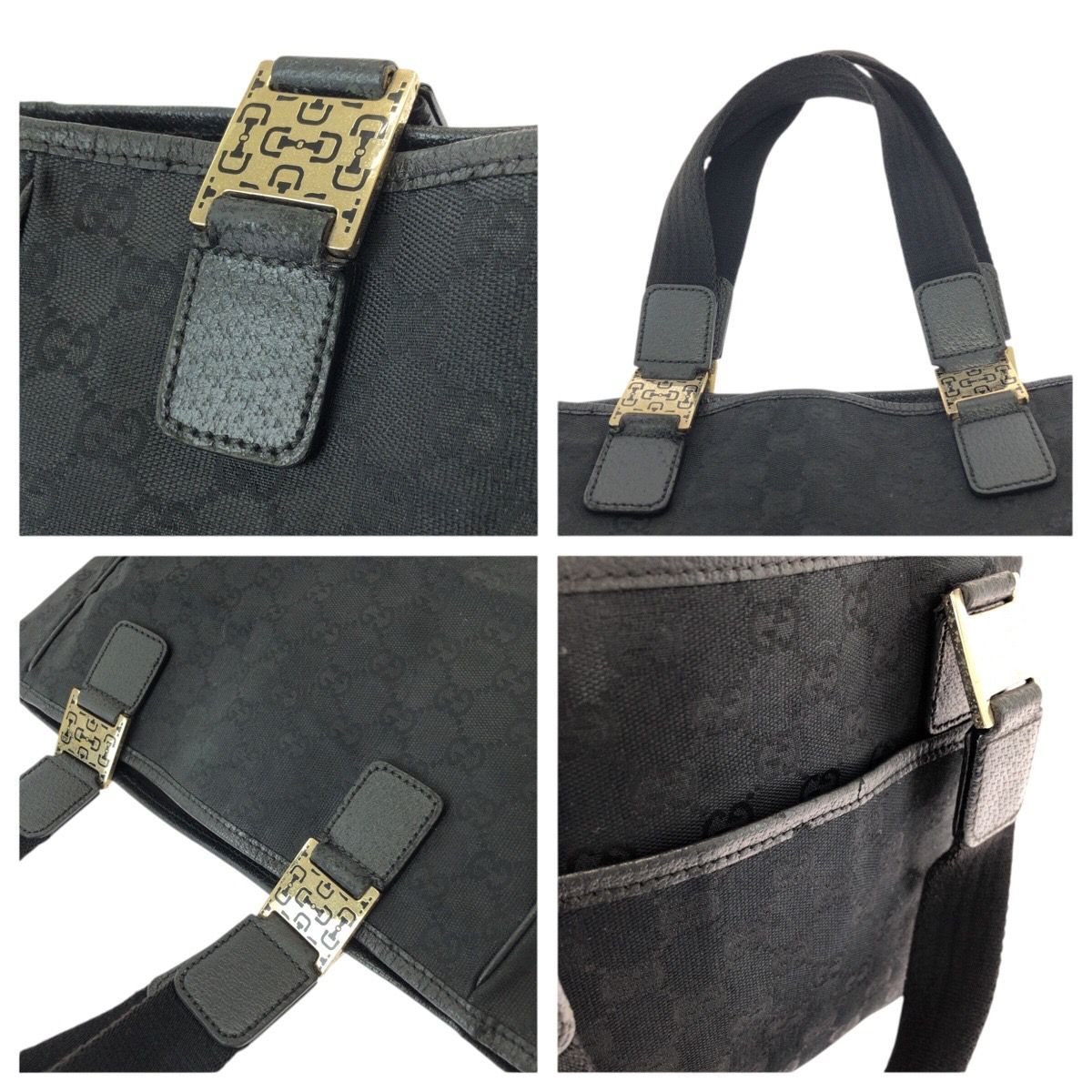 Gucci Horsebit Black Gold GG Canvas Leather Tote — view 5