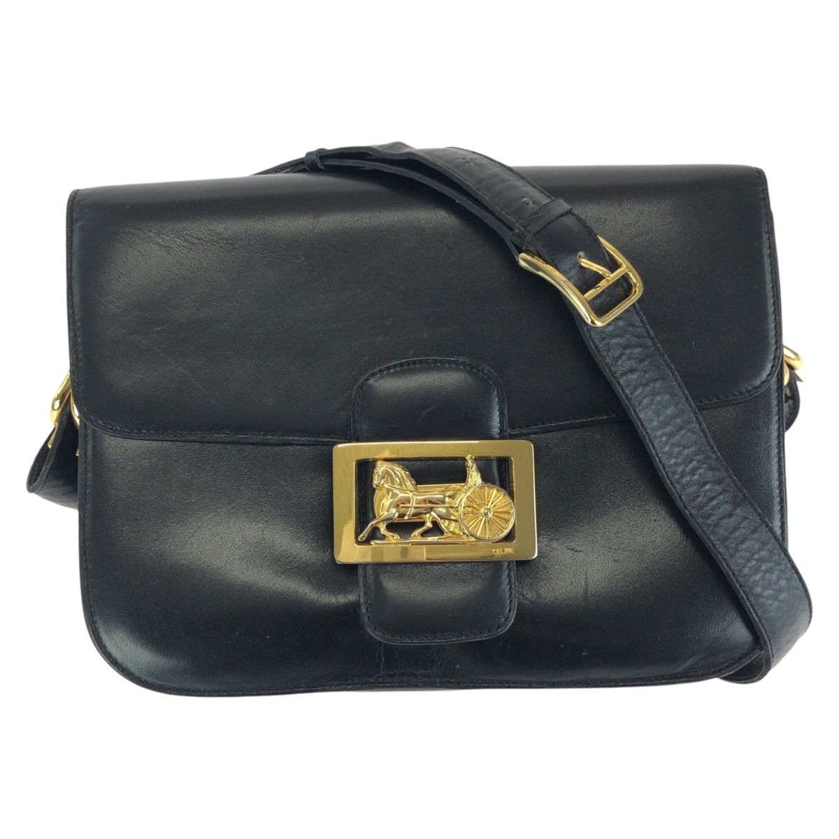 Celine Vintage Horse Carriage Black Gold Leather Shoulder
