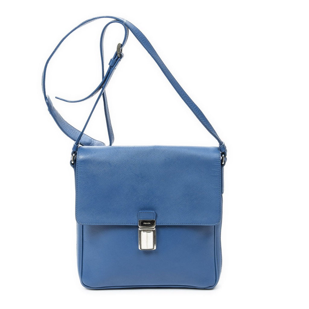 Prada Push Lock Flap Messenger Blue Saffiano Leather