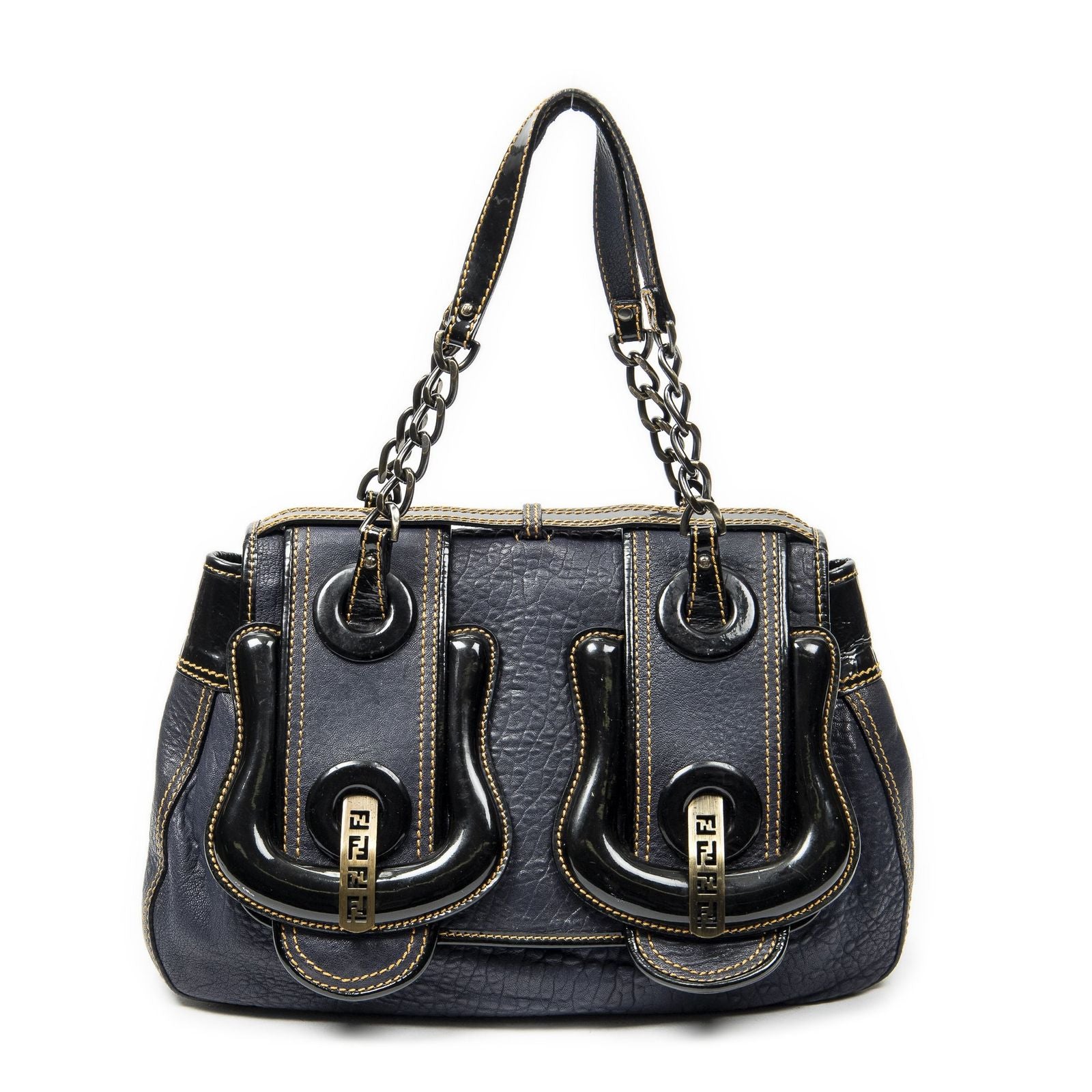 Fendi b Bag Navy Spike Calfskin Leather