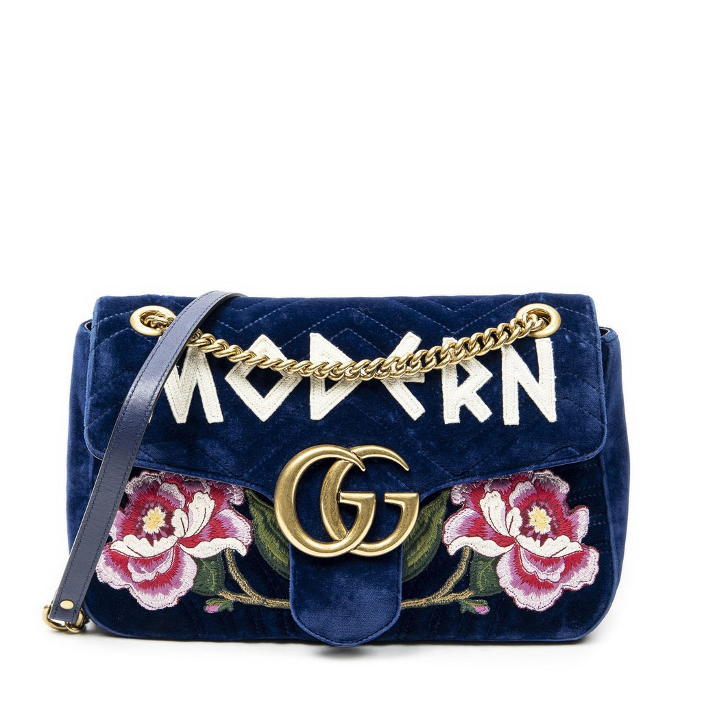 Gucci Medium GG Marmont Flap Royal Blue Embroidery Canvas
