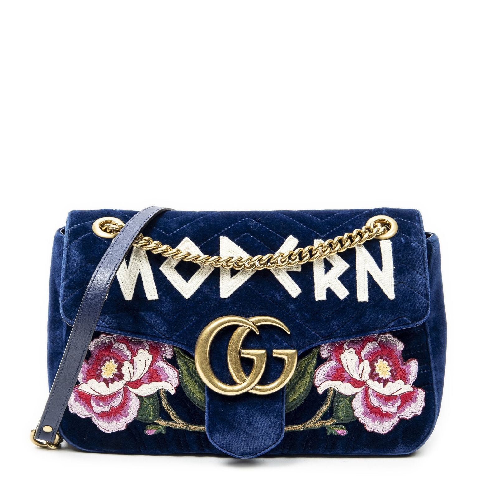 Gucci Medium GG Marmont Flap Royal Blue Embroidery Canvas