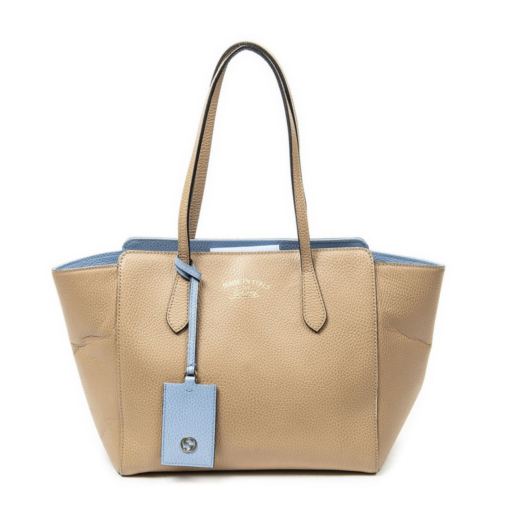 Gucci Small Swing Tote Beige Light Blue Grain Calf Skin Leather