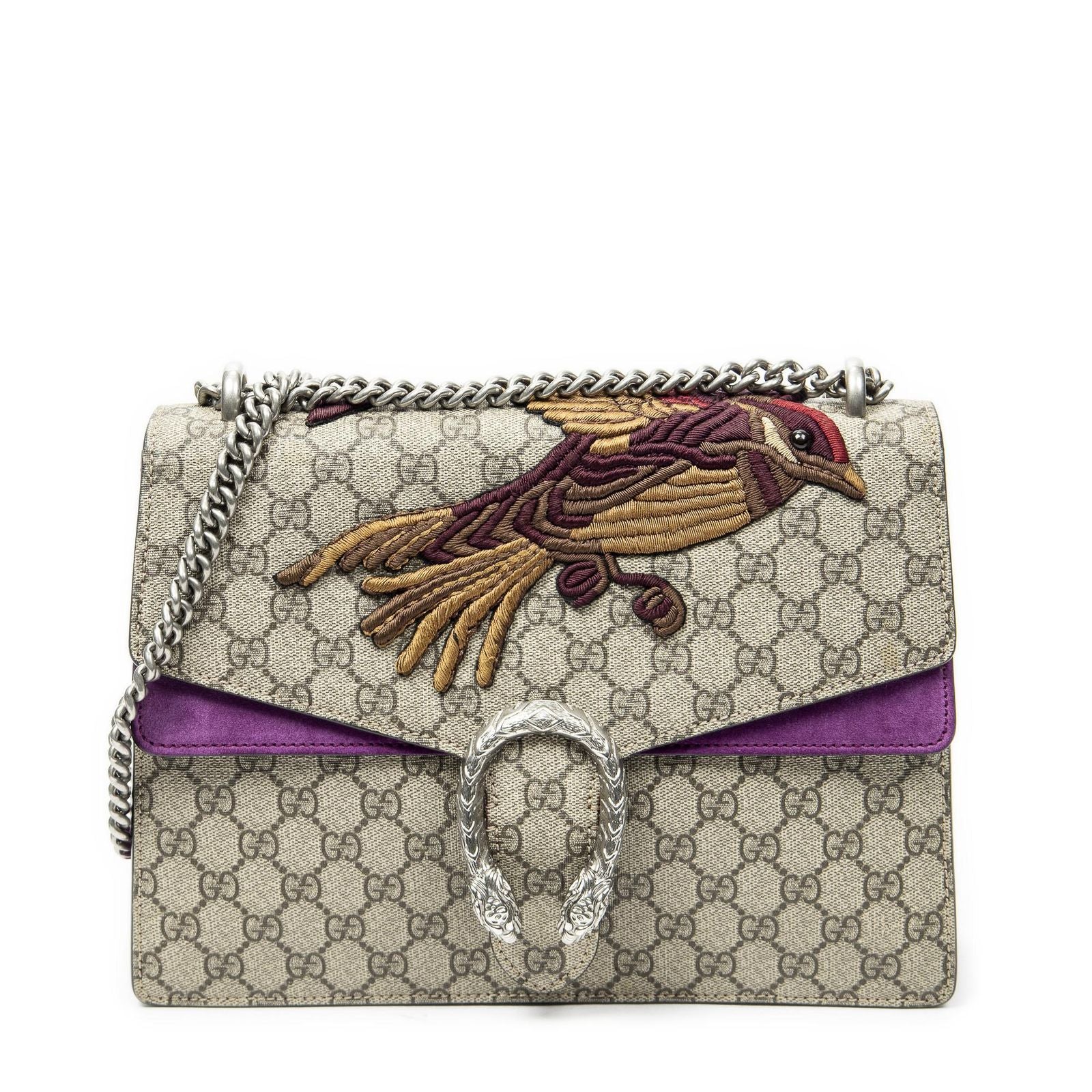 Gucci Tiger Dionysus Chain Crossbody Beige Purple Embroidery Supreme Canvas