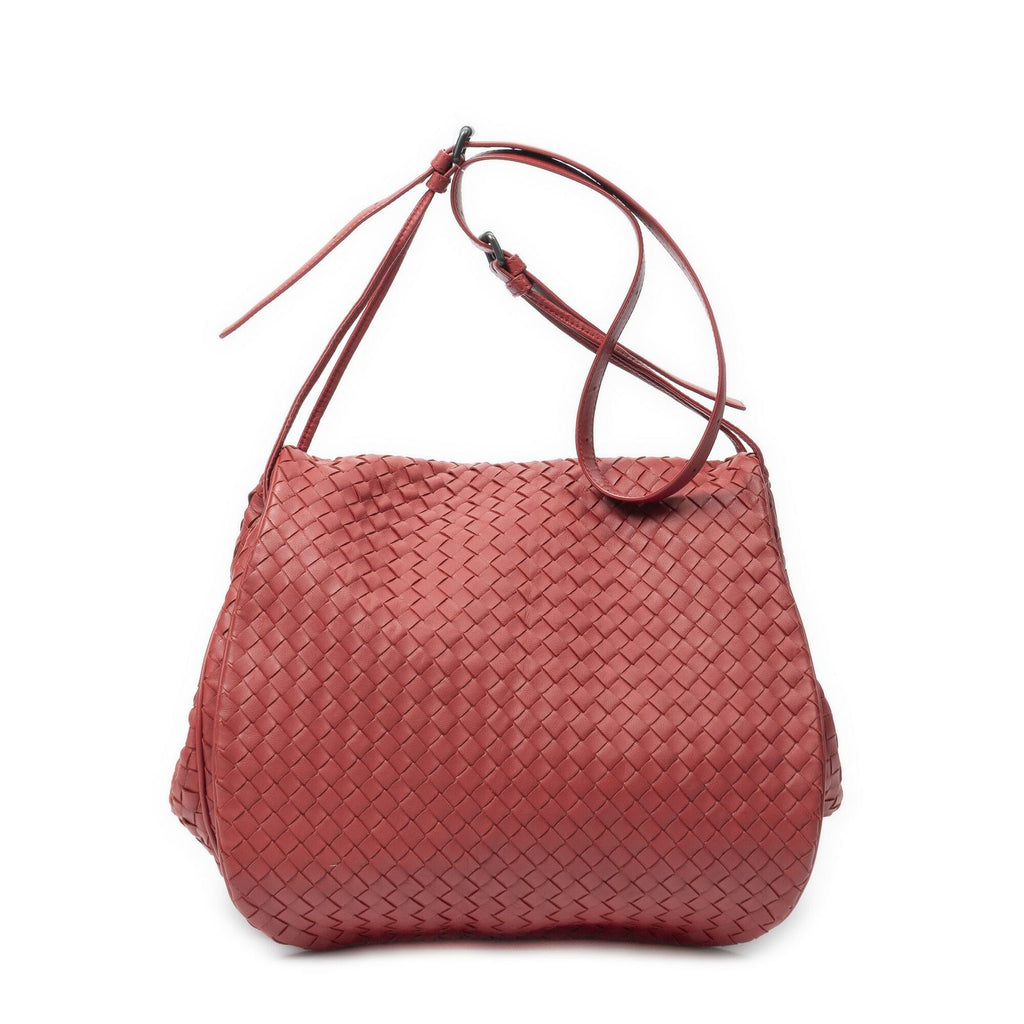 Bottega Veneta Drawstring Flap Messenger Bag Red Intrecciato Leather