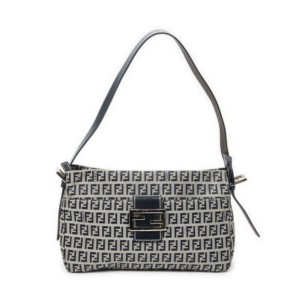 Fendi Front Slip Pocket Shoulder Tote Gray Navy Zucchino Canvas