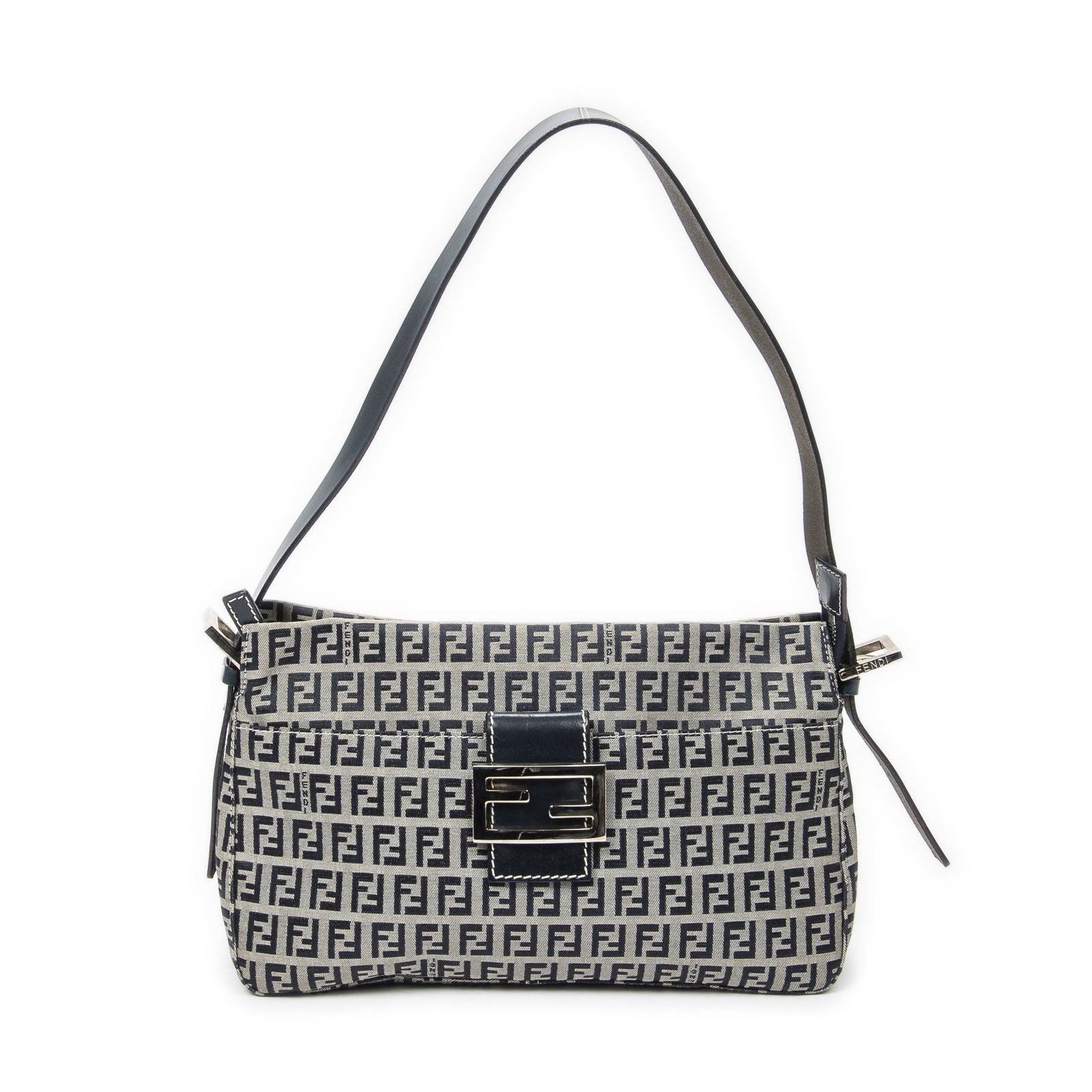 Fendi Front Slip Pocket Shoulder Tote Gray Navy Zucchino Canvas