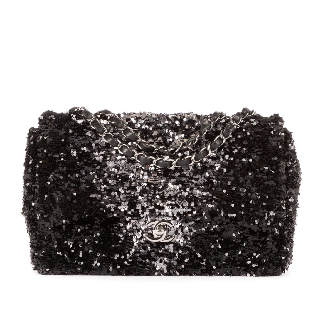 Chanel Ltd Ed Sequins Single Flap Black Canvasn