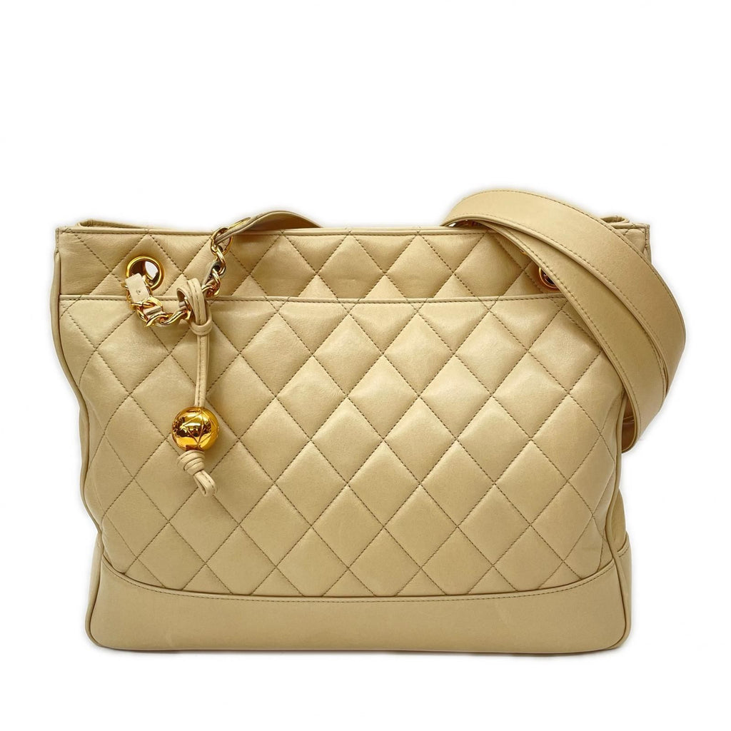 Chanel Quilted Lambskin Chain Shoulder Bag Cocobol Beige