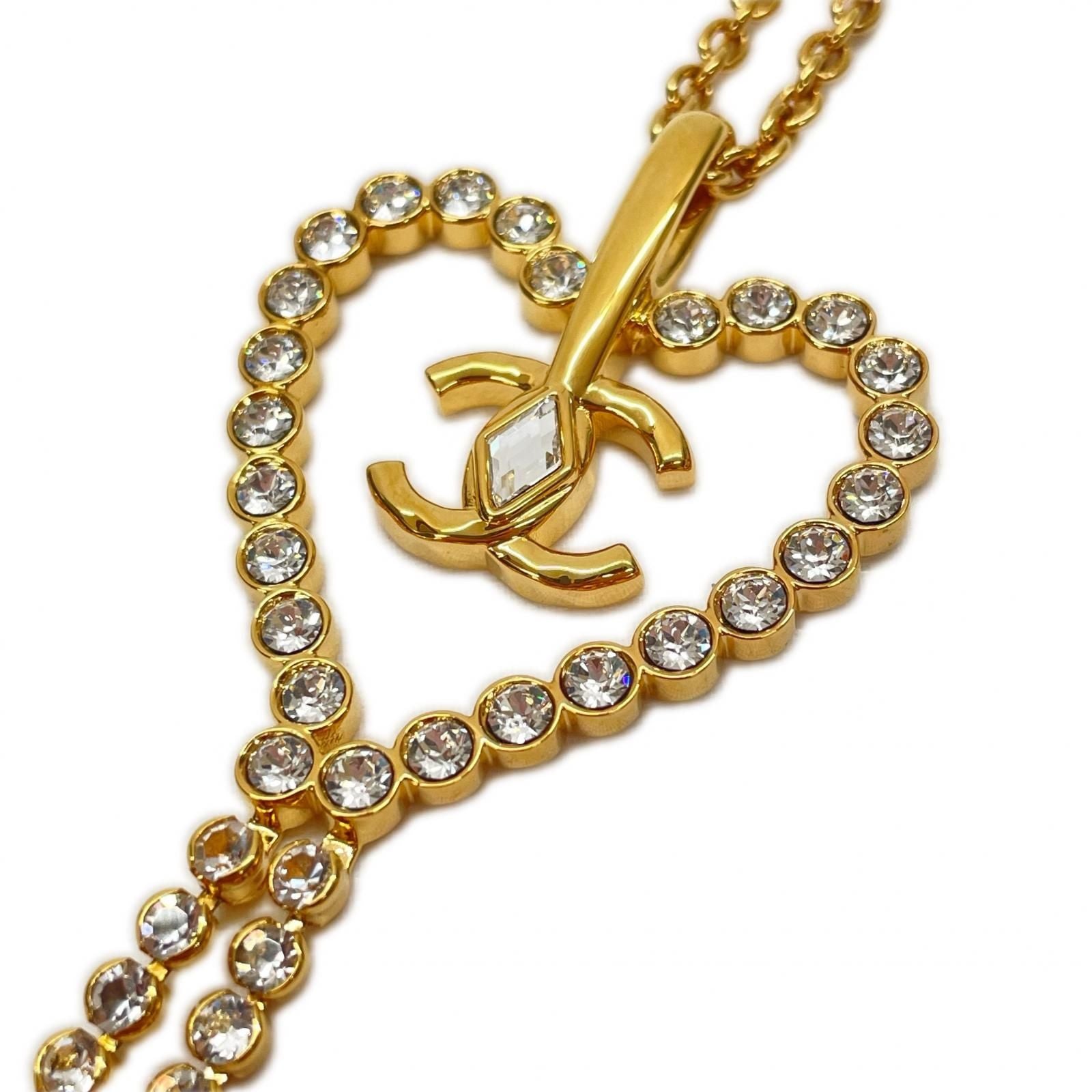 Chanel CC Logo Heart Necklace Rhinestone 23c Gold — view 2
