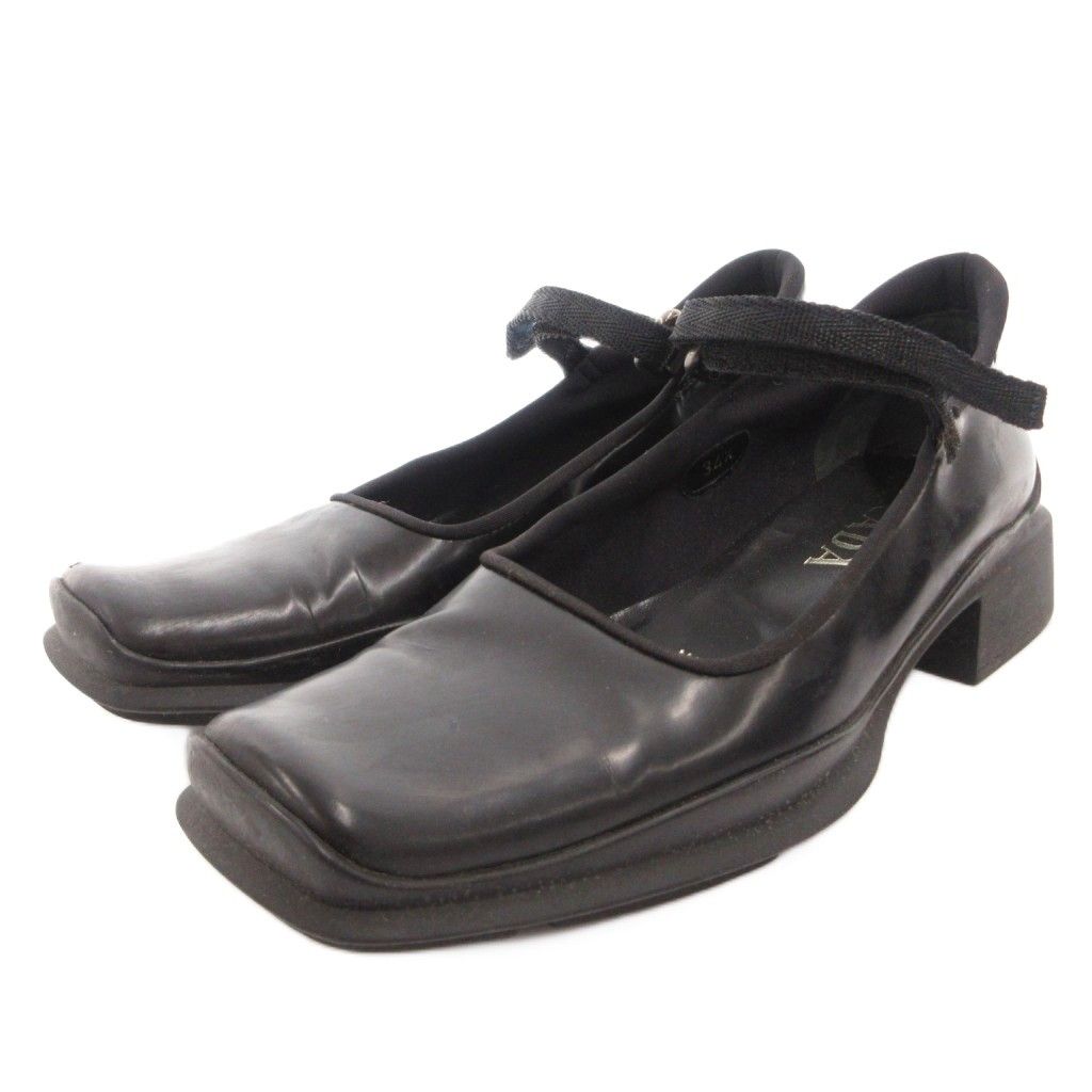Prada Mary Jane Loafers Square Toe Enamel 34.5 Black