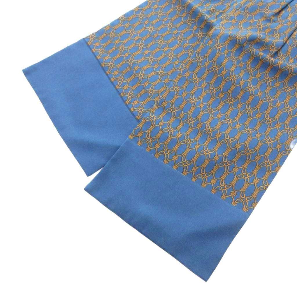 Hermes Scarf Ascot Tie Gold Chain Pattern Silk Pleats Blue — view 2